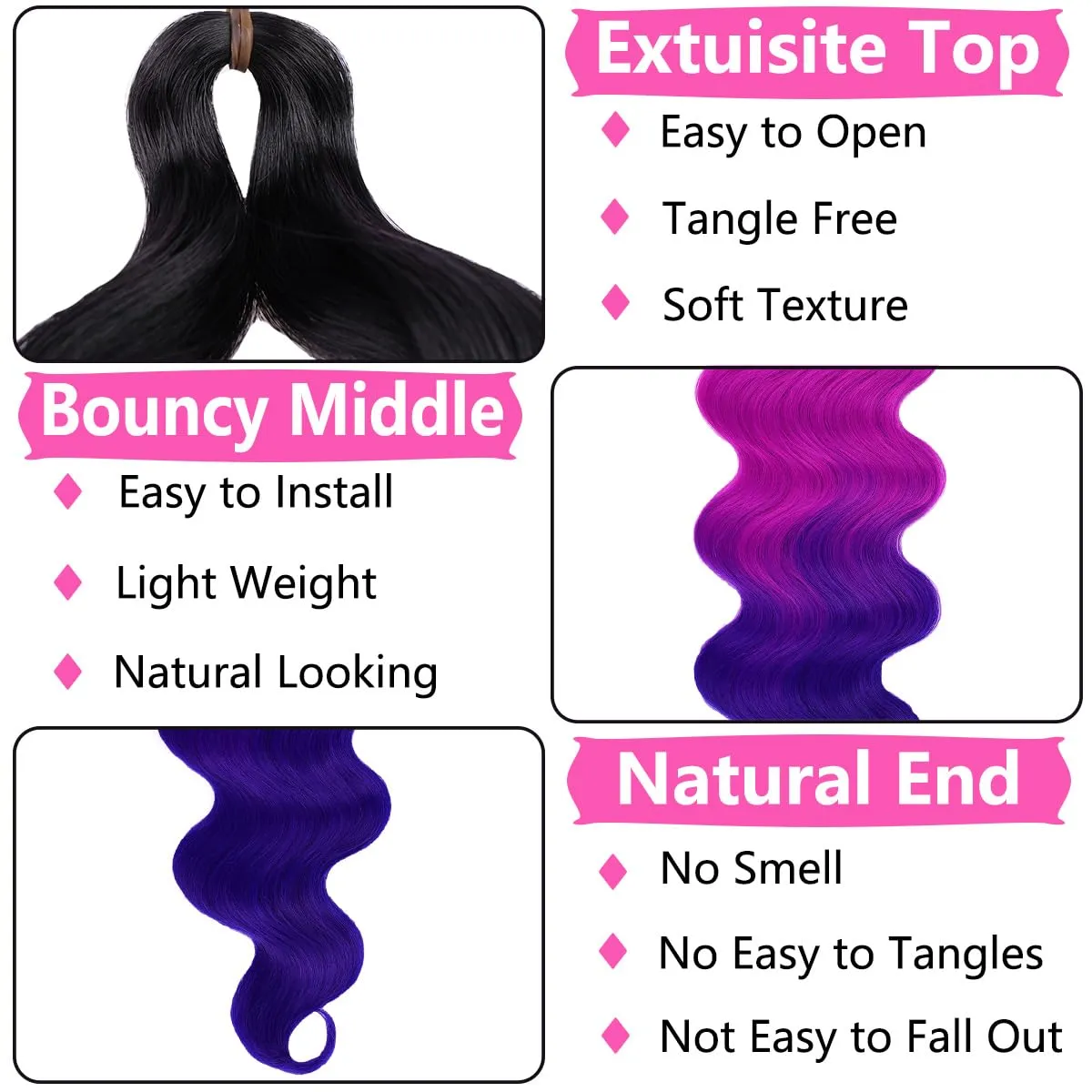 COOKOO 9 Packs Body Wave Braiding Hair 24 Inch Pre-Feathered Ombre 3 Tones Premium Bouncy French Curl Wavy Braiding Hair Wavy Texture Braiding Ocean Deap Twist Synthetic Hair Extensions(49#)
