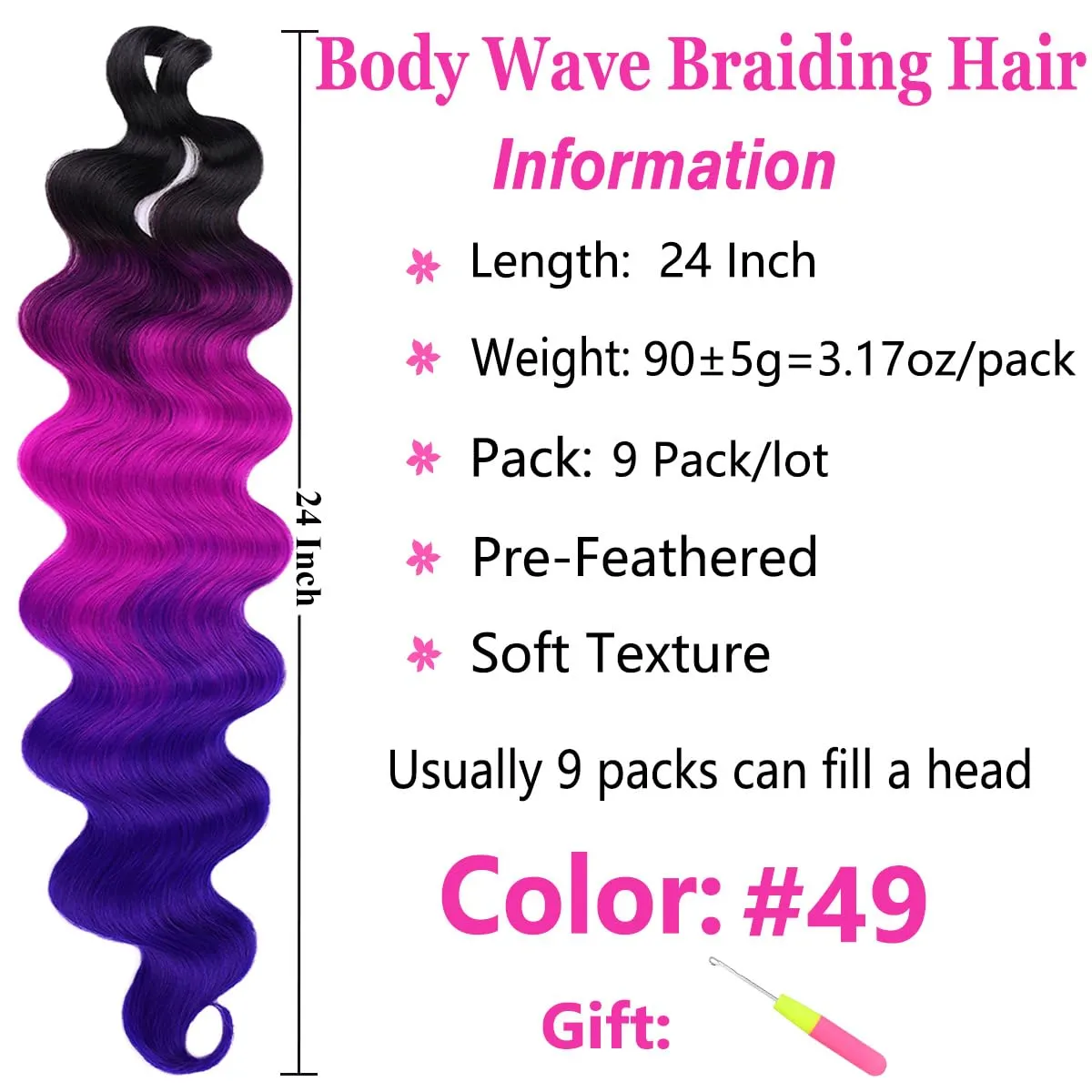 COOKOO 9 Packs Body Wave Braiding Hair 24 Inch Pre-Feathered Ombre 3 Tones Premium Bouncy French Curl Wavy Braiding Hair Wavy Texture Braiding Ocean Deap Twist Synthetic Hair Extensions(49#)