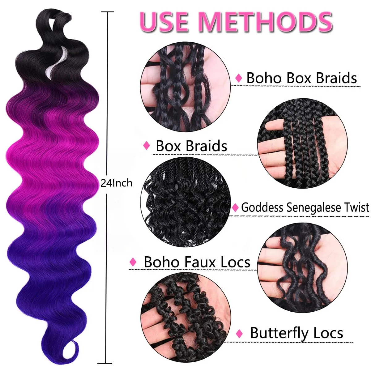 COOKOO 9 Packs Body Wave Braiding Hair 24 Inch Pre-Feathered Ombre 3 Tones Premium Bouncy French Curl Wavy Braiding Hair Wavy Texture Braiding Ocean Deap Twist Synthetic Hair Extensions(49#)