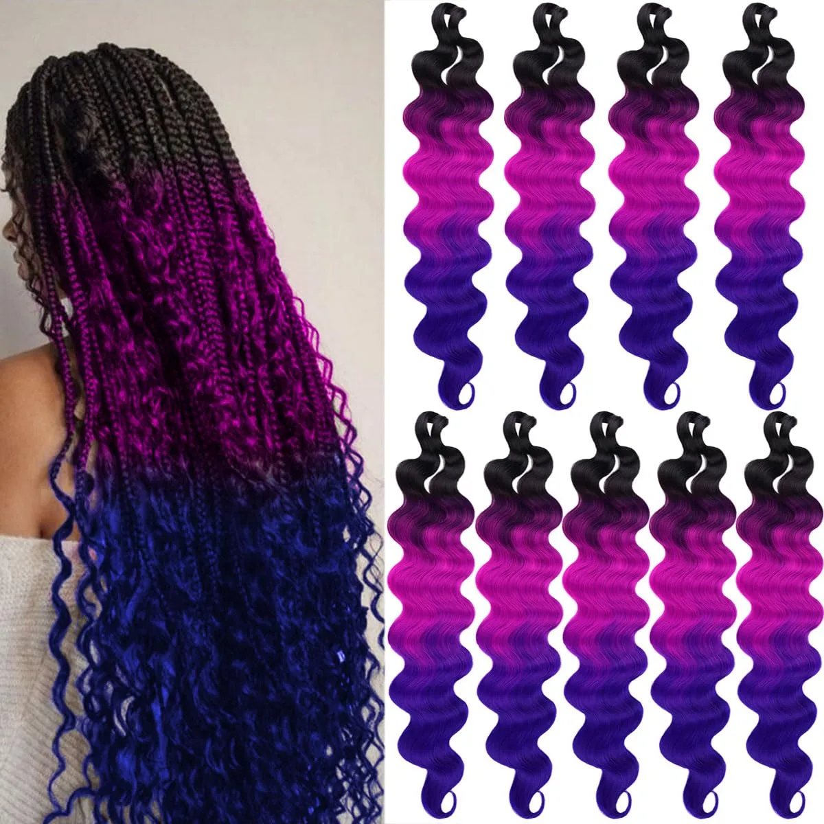 COOKOO 9 Packs Body Wave Braiding Hair 24 Inch Pre-Feathered Ombre 3 Tones Premium Bouncy French Curl Wavy Braiding Hair Wavy Texture Braiding Ocean Deap Twist Synthetic Hair Extensions(49#)