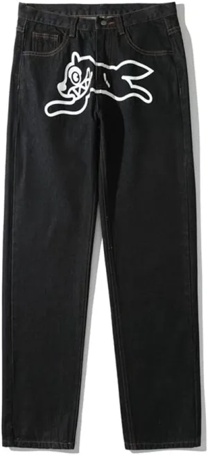 COOLMONAR Mens Baggy Jeans Runing Dog Graphic Print Wide Leg Pants Straight Fit Casual Denim Trousers
