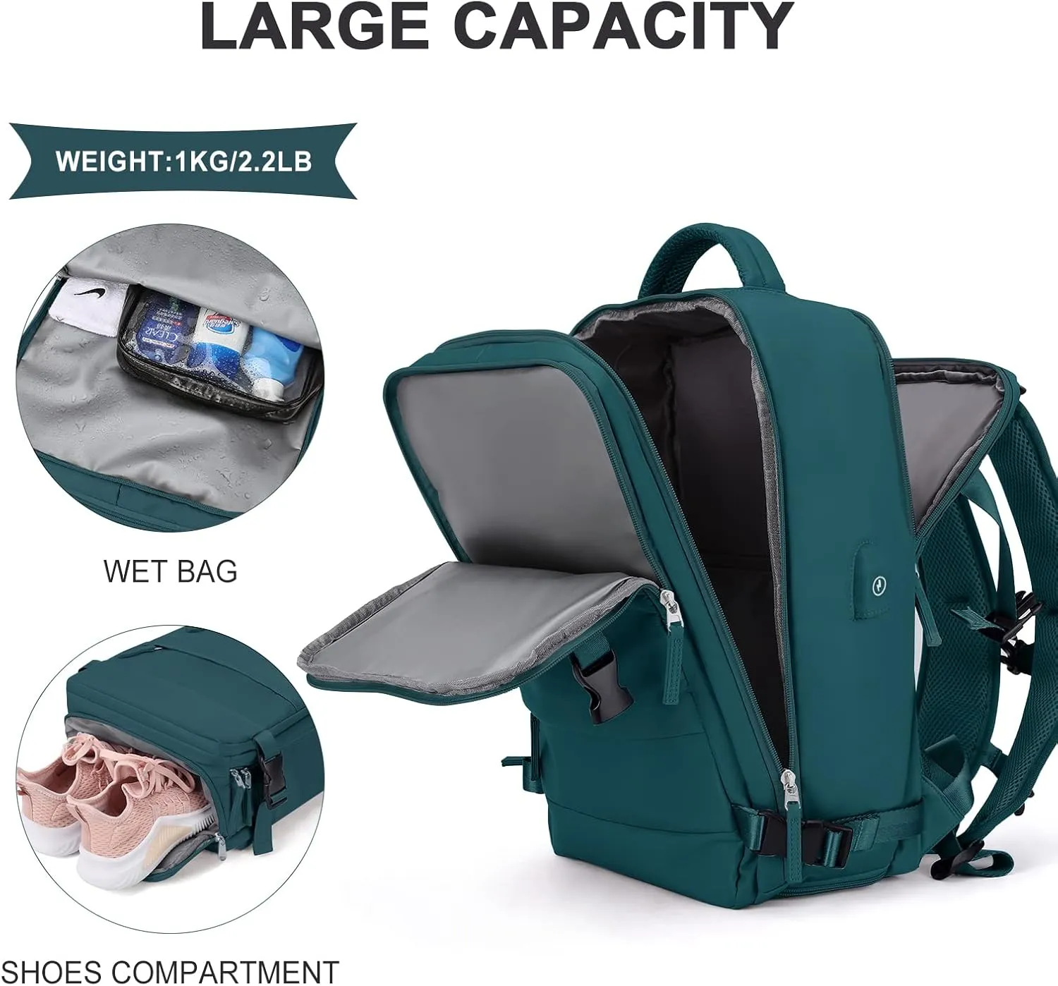 coowoz Large Travel Backpack For Women Men,Carry On Backpack,Hiking Backpack Waterproof Outdoor Sports Rucksack Casual Daypack Travel Essentials(Peacock Blue)