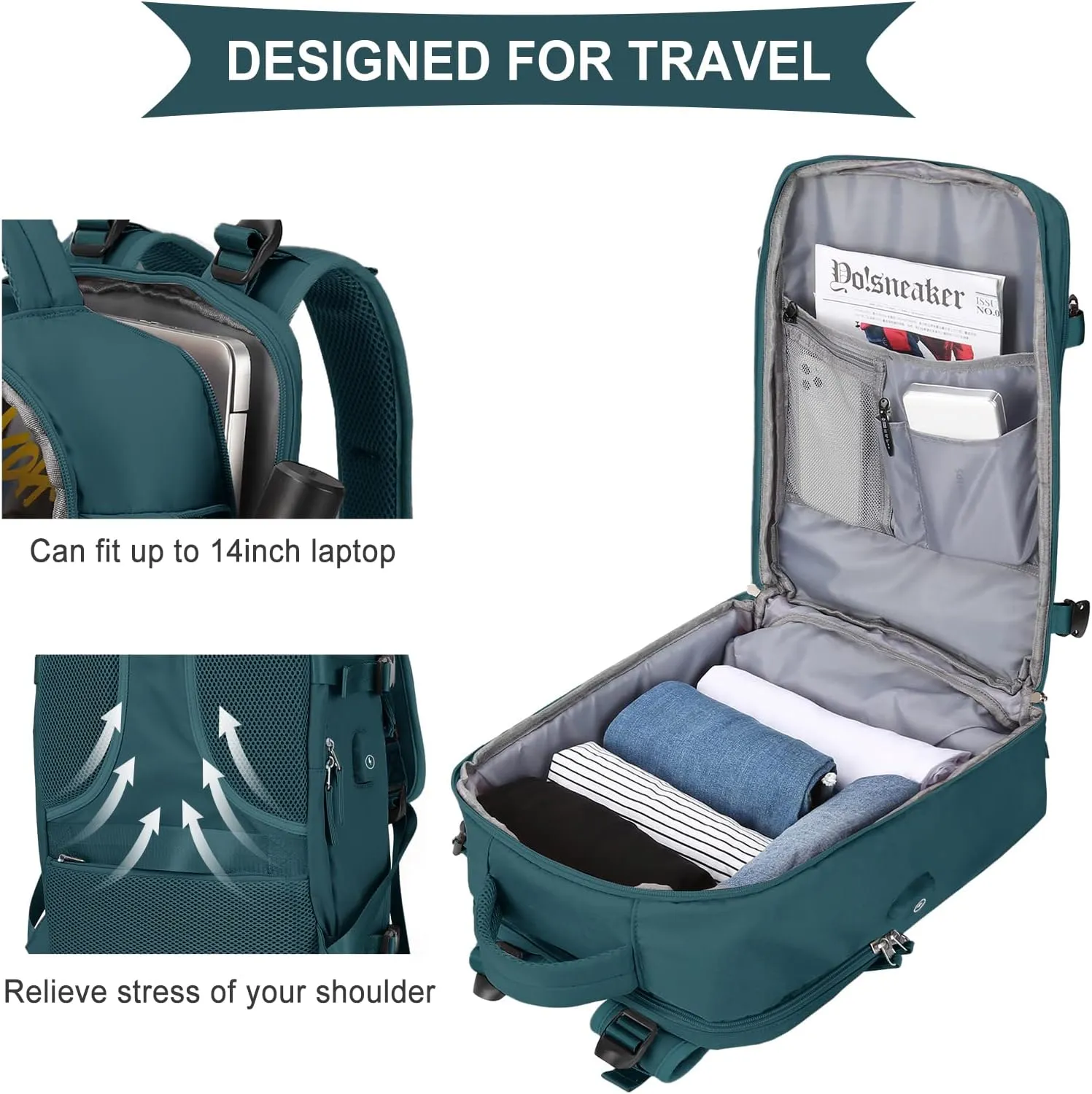 coowoz Large Travel Backpack For Women Men,Carry On Backpack,Hiking Backpack Waterproof Outdoor Sports Rucksack Casual Daypack Travel Essentials(Peacock Blue)
