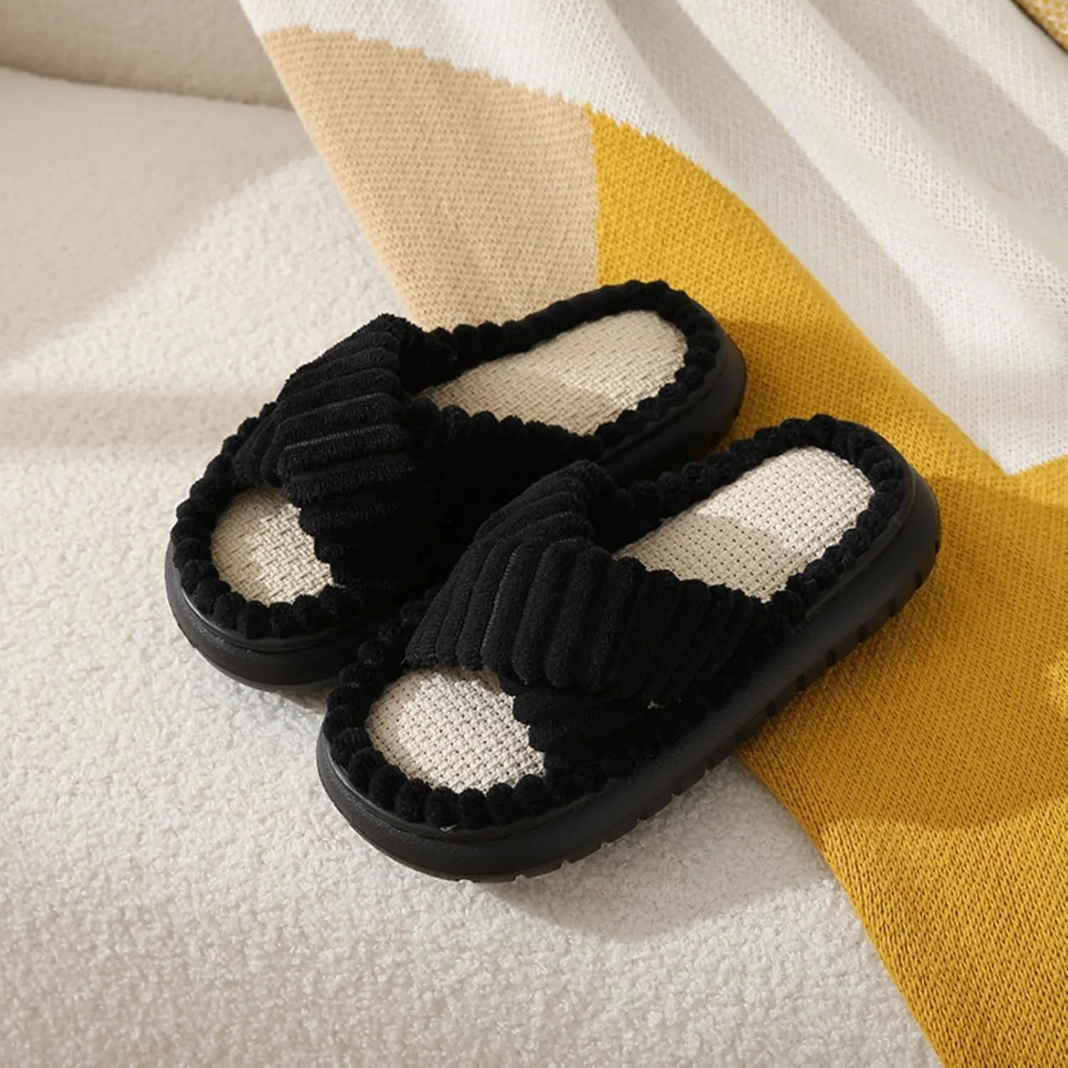 Corduroy Linen Slippers for Men & Women, Home Indoor Household Non-Slip Cotton Linen Slippers