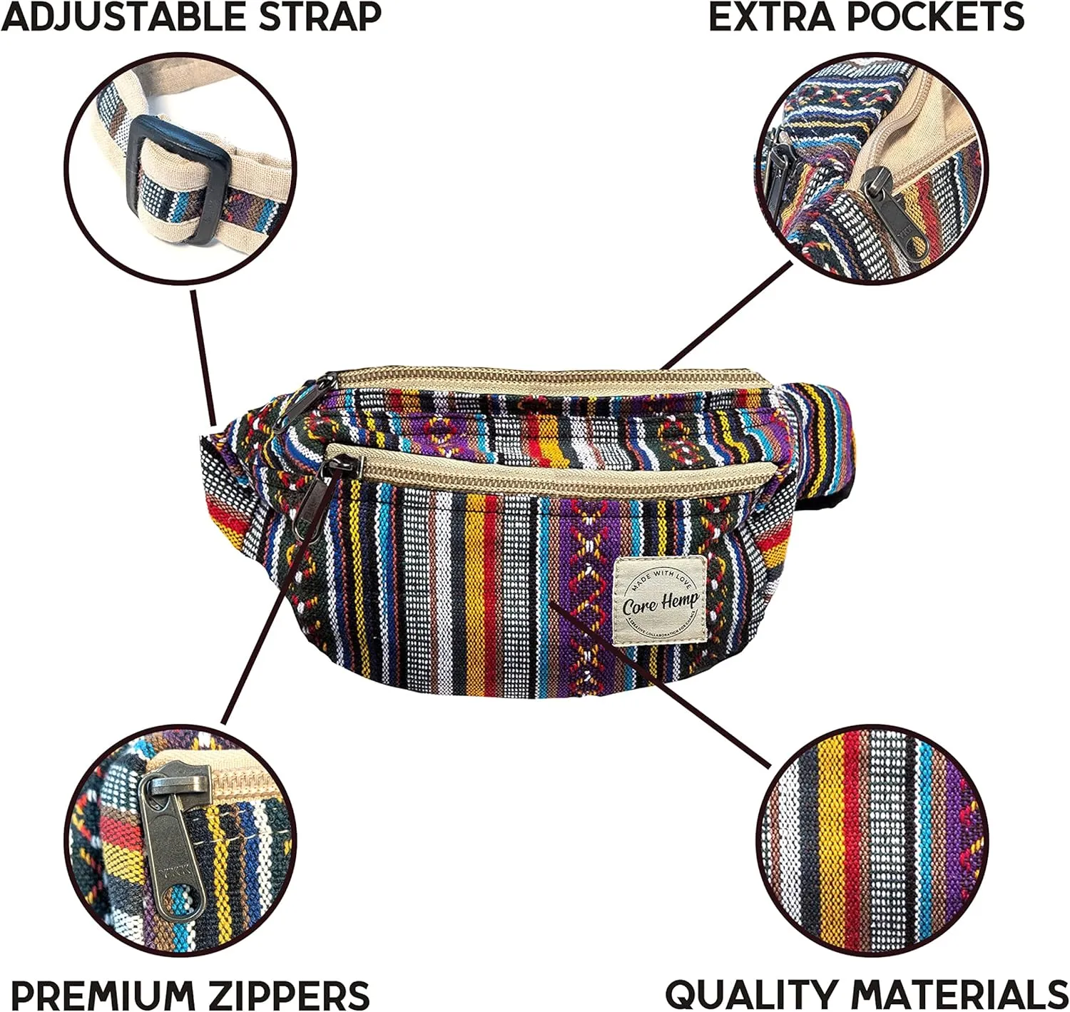 Core Hemp Fanny Pack Waist Hip Bag Handmade From Pure Hemp (OM Boho)