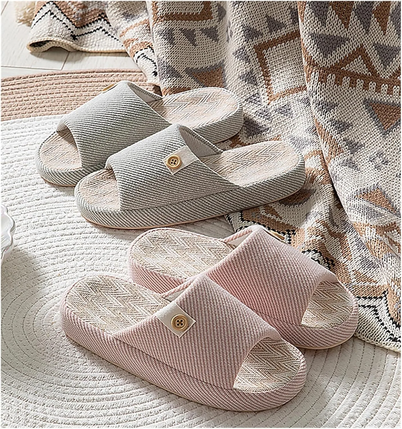 Cotton and Linen Shoes,Women House Slippers Mens Bedroom Indoor Shoes Fall Memory Foam Open-Toe Home Shoes Slid Flax Soft Non-Slip Shoes