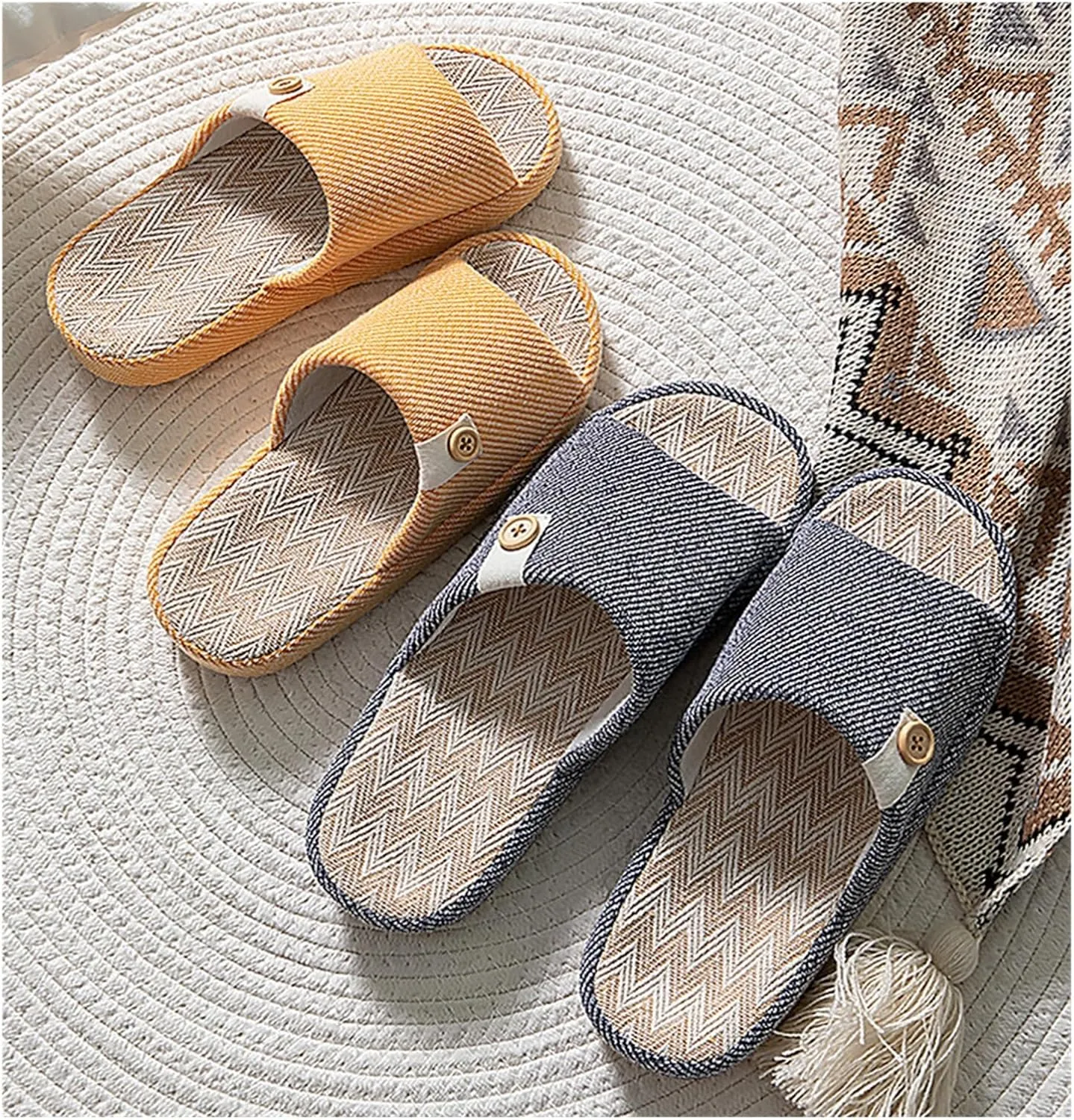 Cotton and Linen Shoes,Women House Slippers Mens Bedroom Indoor Shoes Fall Memory Foam Open-Toe Home Shoes Slid Flax Soft Non-Slip Shoes