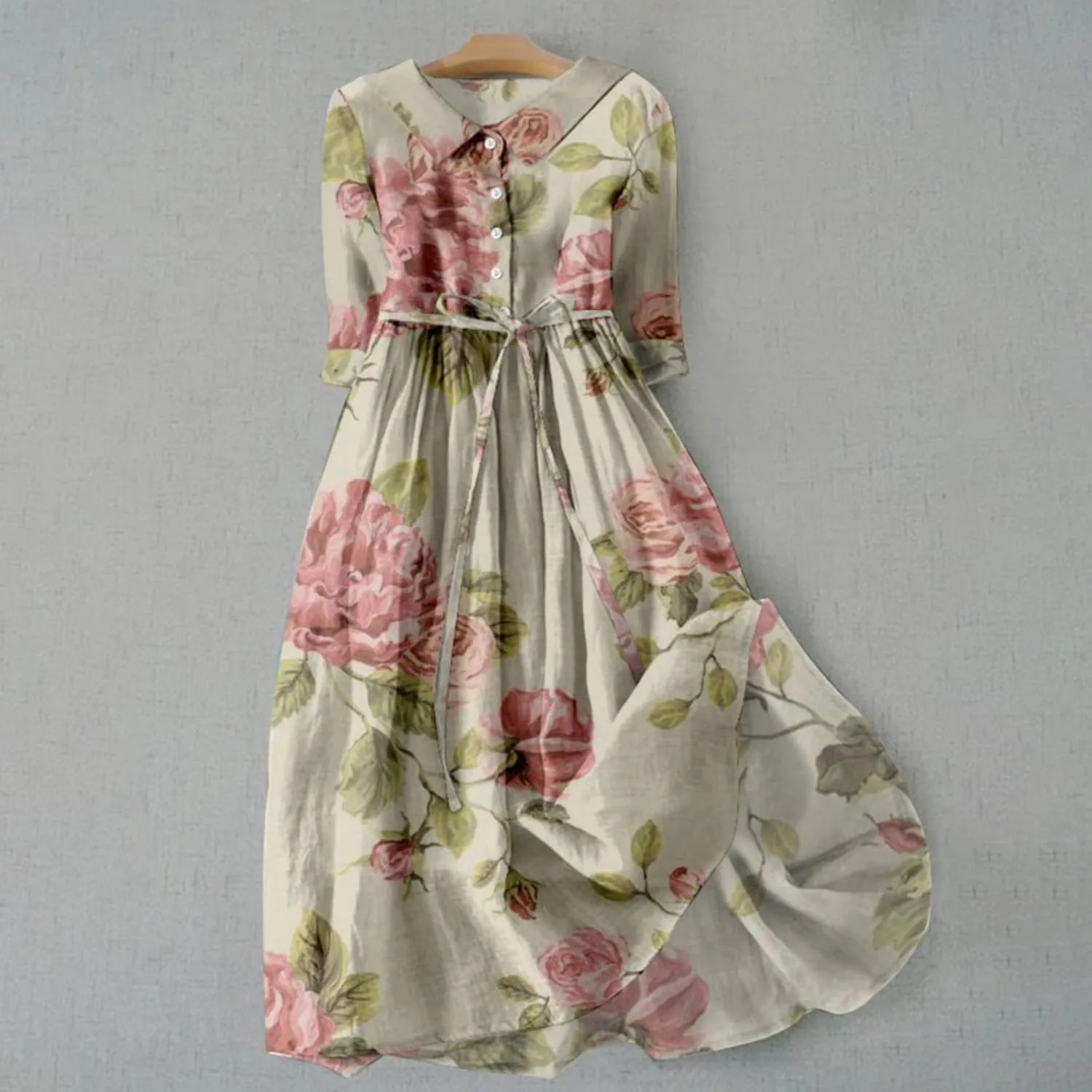 Cotton Linen Dresses for Women 2024 Maxi Button Down Plus Size A Line Dress Trendy 3/4 Sleeve Floral Dress Summer Dresses