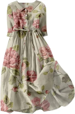 Cotton Linen Dresses for Women 2024 Maxi Button Down Plus Size A Line Dress Trendy 3/4 Sleeve Floral Dress Summer Dresses