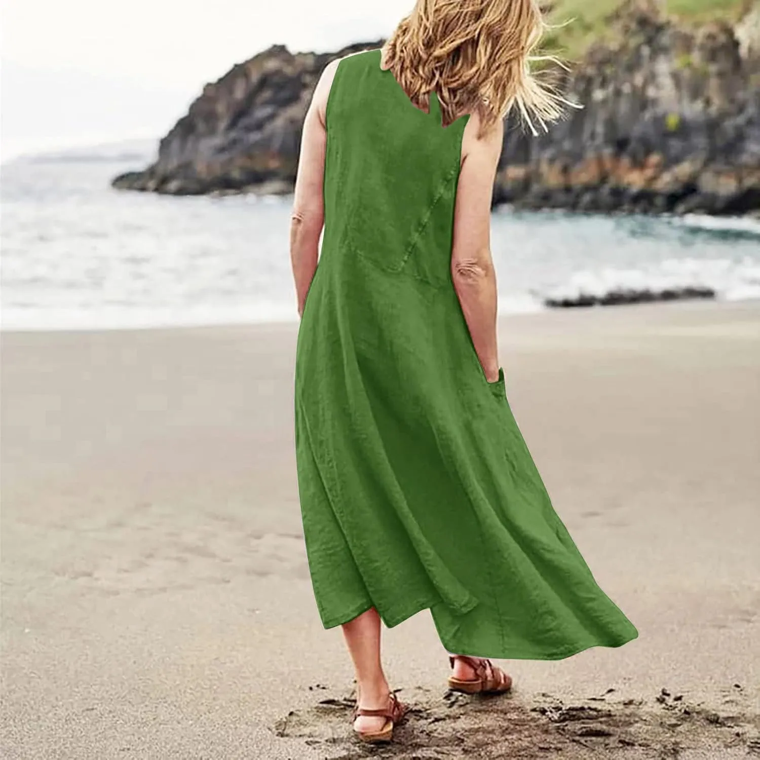 Cotton Linen Dresses for Women 2025 Casual Sleeveless Summer Beach Outfits Plus Size Spring Vacation Maxi Sundresses