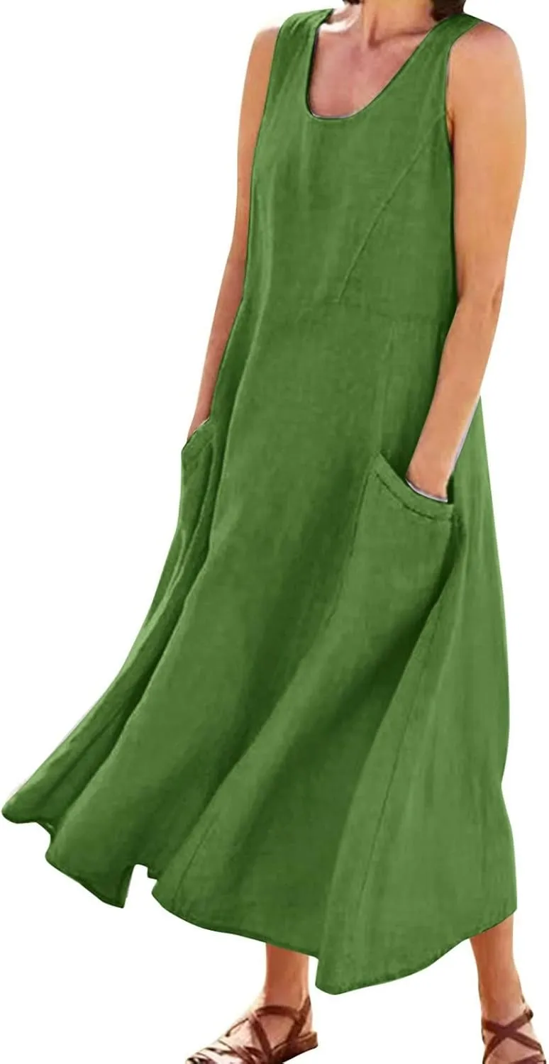 Cotton Linen Dresses for Women 2025 Casual Sleeveless Summer Beach Outfits Plus Size Spring Vacation Maxi Sundresses