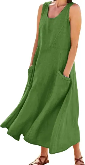Cotton Linen Dresses for Women 2025 Casual Sleeveless Summer Beach Outfits Plus Size Spring Vacation Maxi Sundresses