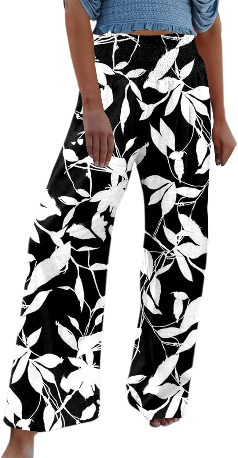 Cotton Linen Pants Women Smocked High Waisted Wide Leg Beach Floral Pant Lightweight Stretch Long Lounge Pant Trousers