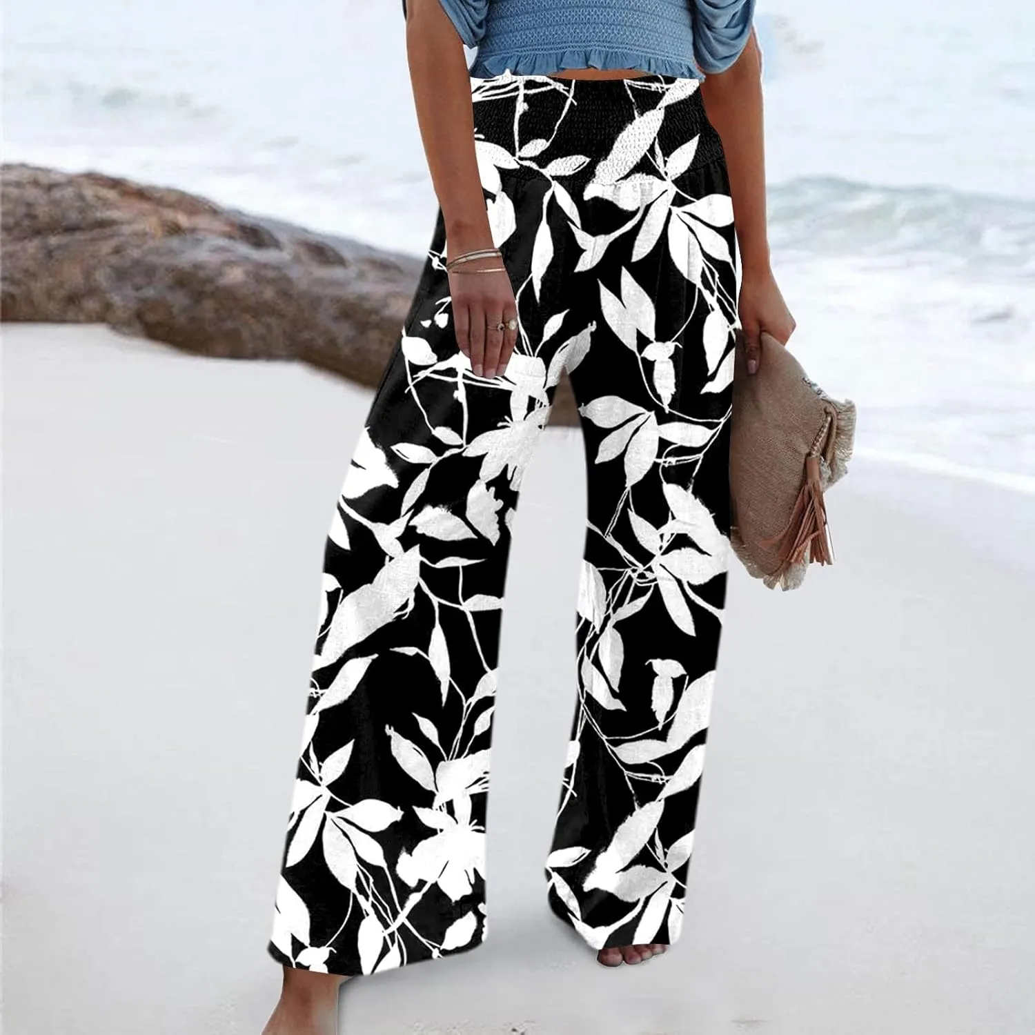 Cotton Linen Pants Women Smocked High Waisted Wide Leg Beach Floral Pant Lightweight Stretch Long Lounge Pant Trousers