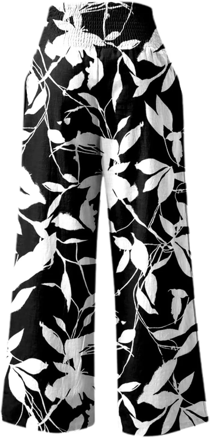 Cotton Linen Pants Women Smocked High Waisted Wide Leg Beach Floral Pant Lightweight Stretch Long Lounge Pant Trousers