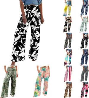 Cotton Linen Pants Women Smocked High Waisted Wide Leg Beach Floral Pant Lightweight Stretch Long Lounge Pant Trousers
