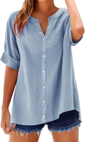 Cotton Linen Shirts for Women 2025 Summer Trendy Roll Up Short Sleeve Tshirts Workout Button Down Plus Size Shirt