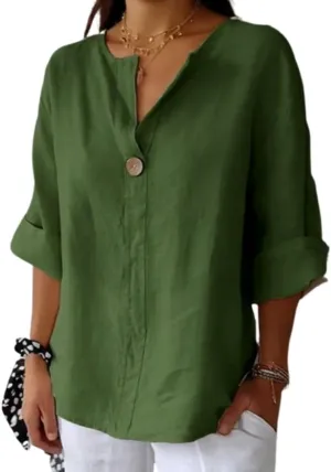 Cotton Linen Shirts for Women Summer Casual Button V Neck Blouse Comfy Loose Women's Fashion 3/4 Sleeve Pullover Tops