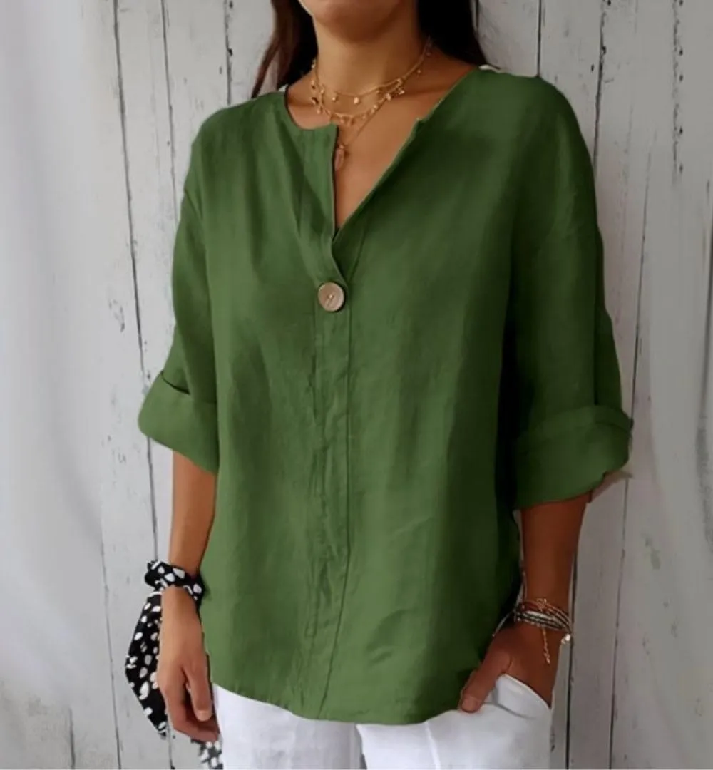 Cotton Linen Shirts for Women Summer Casual Button V Neck Blouse Comfy Loose Women's Fashion 3/4 Sleeve Pullover Tops