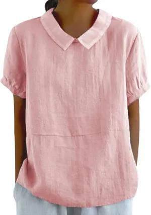 Cotton Linen Shirts for Women Summer Casual Short Sleeve T Shirt Comfy Loose Women's Lapel Pullover Tops