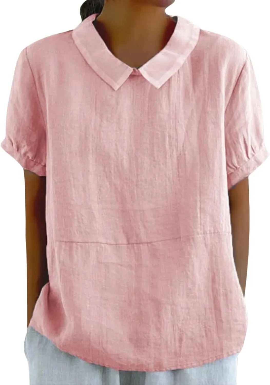 Cotton Linen Shirts for Women Summer Casual Short Sleeve T Shirt Comfy Loose Women's Lapel Pullover Tops