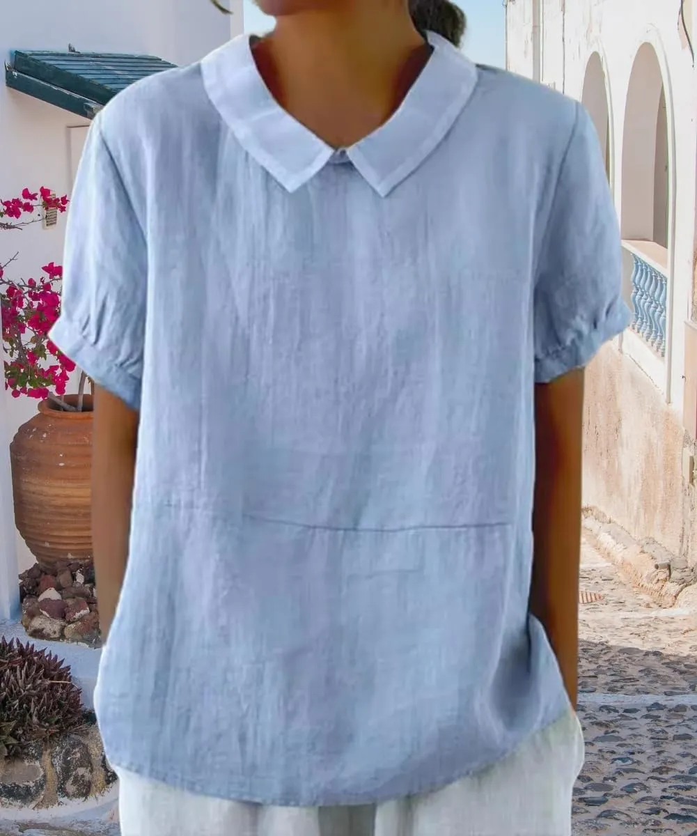 Cotton Linen Shirts for Women Summer Short Sleeve Casual Collared Work Blouse Tunic Tos