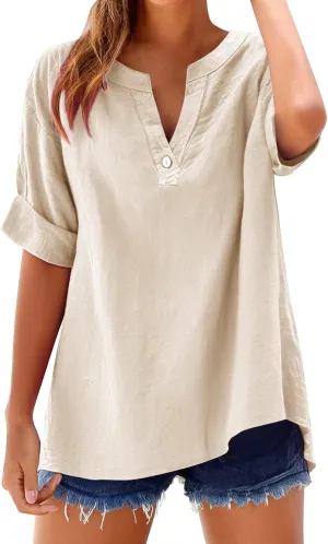 Cotton Linen Shirts for Women V-Neck Short Sleeve Loose Fit Blouses Spring and Summer Comfy Casual Dressy Work Tops