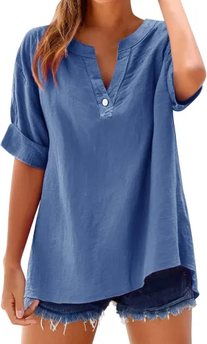 Cotton Linen Shirts for Women V-Neck Short Sleeve Loose Fit Blouses Spring and Summer Comfy Casual Dressy Work Tops