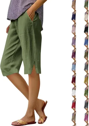 Cotton Linen Shorts Women with Pockets Elastic Waist Lightweight Summer Bermuda Shorts for Women Knee Length