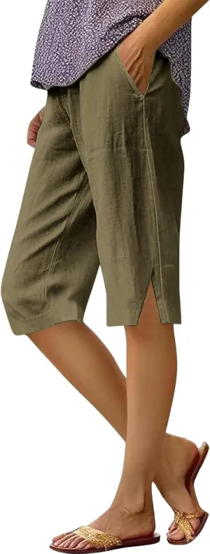 Cotton Linen Shorts Women with Pockets Elastic Waist Lightweight Summer Bermuda Shorts for Women Knee Length