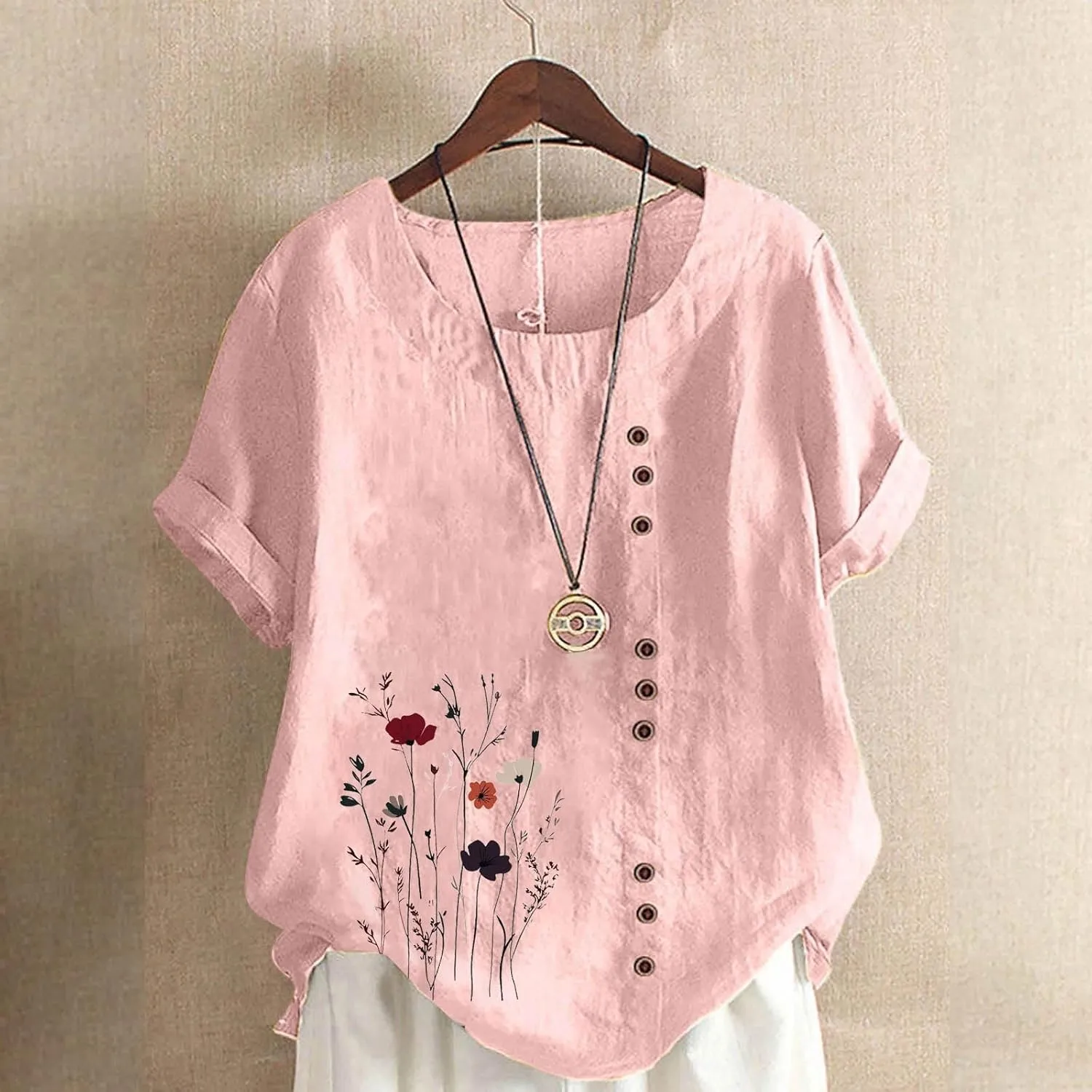Cotton Linen Tops for Women Loose Casual Floral Print Blouse Trendy Roll Up Short Sleeve T-Shirt Summer Basic Tees