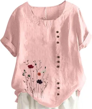 Cotton Linen Tops for Women Loose Casual Floral Print Blouse Trendy Roll Up Short Sleeve T-Shirt Summer Basic Tees