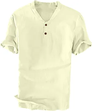 Cotton Tunic Tops for Men Casual Button Round Neck Short Sleeve Tee Shirt Solid Color Regular Fit Lightweight Blouse