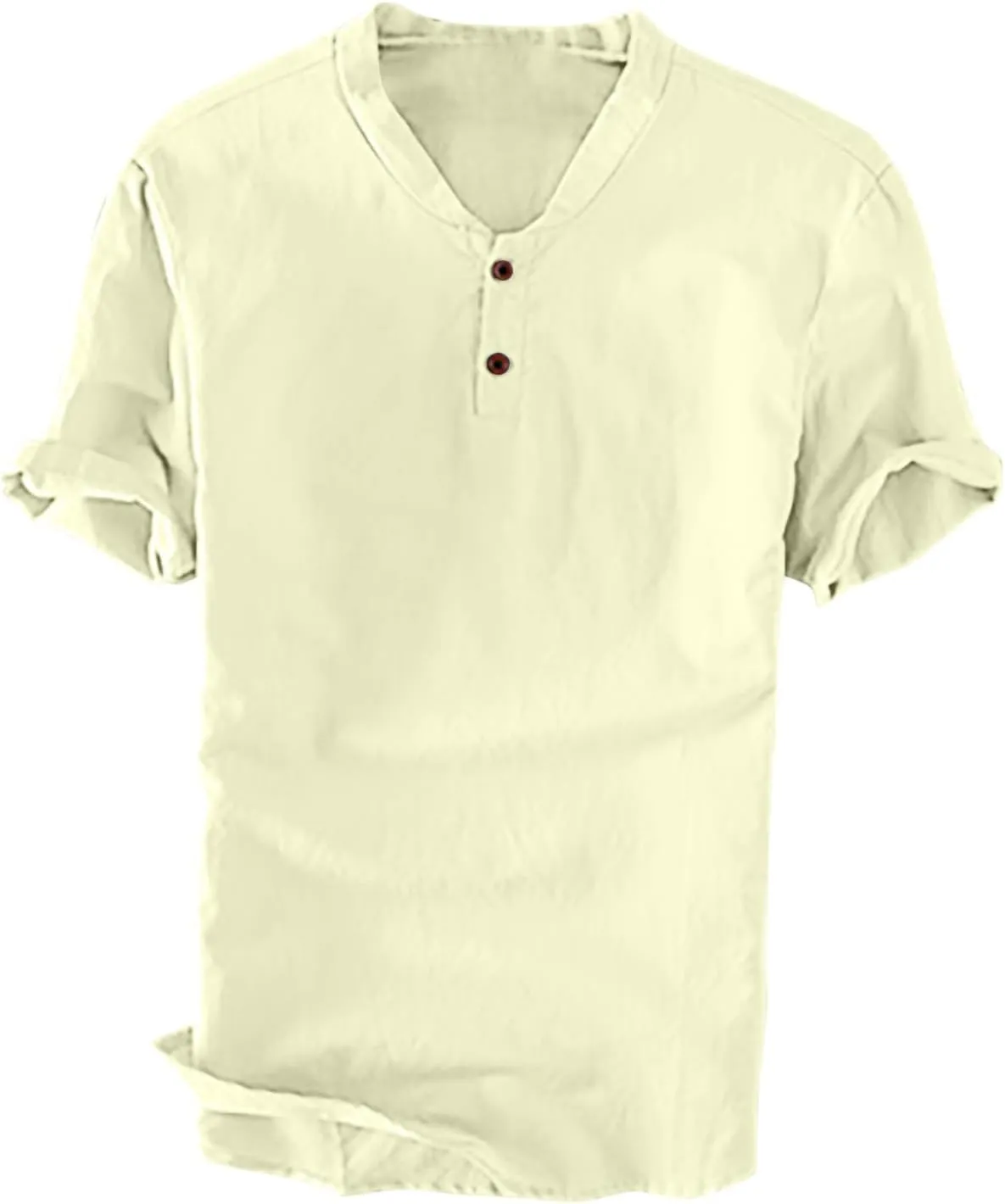 Cotton Tunic Tops for Men Casual Button Round Neck Short Sleeve Tee Shirt Solid Color Regular Fit Lightweight Blouse