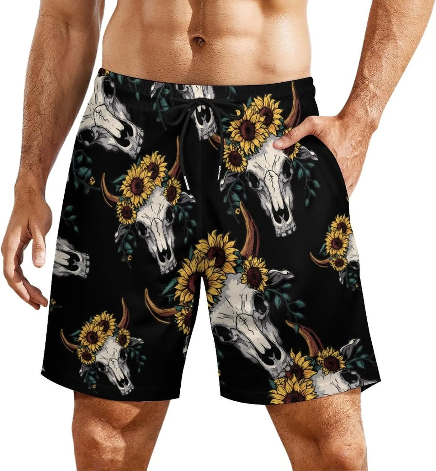 Cow Skull Men's Swim Trunks Quick Dry Board Shorts Swimwear Beach Shorts with Compression Liner