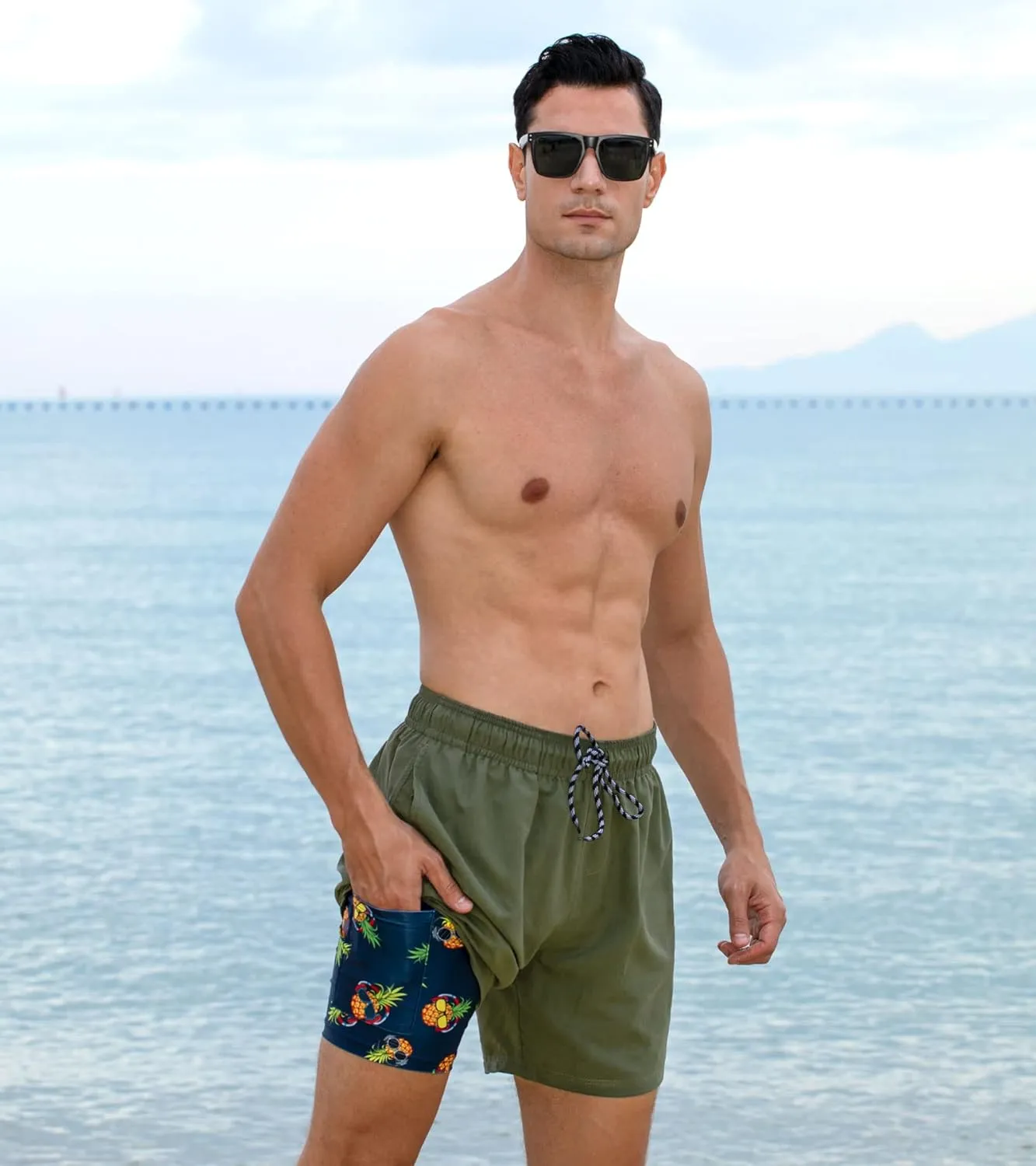 Cozople Mens Swim Trunks Quick Dry Bathing Suit with Compression Liner 5.5" Inseam Anti Chafe Beach Swim Shorts