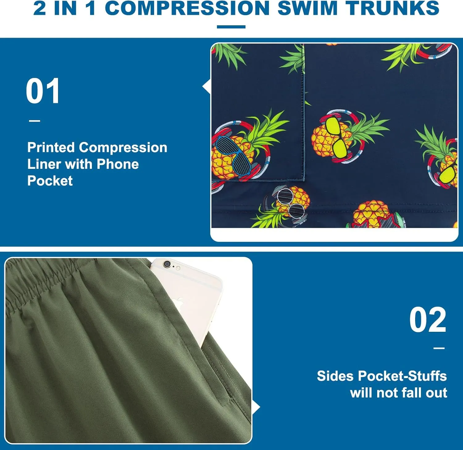 Cozople Mens Swim Trunks Quick Dry Bathing Suit with Compression Liner 5.5" Inseam Anti Chafe Beach Swim Shorts