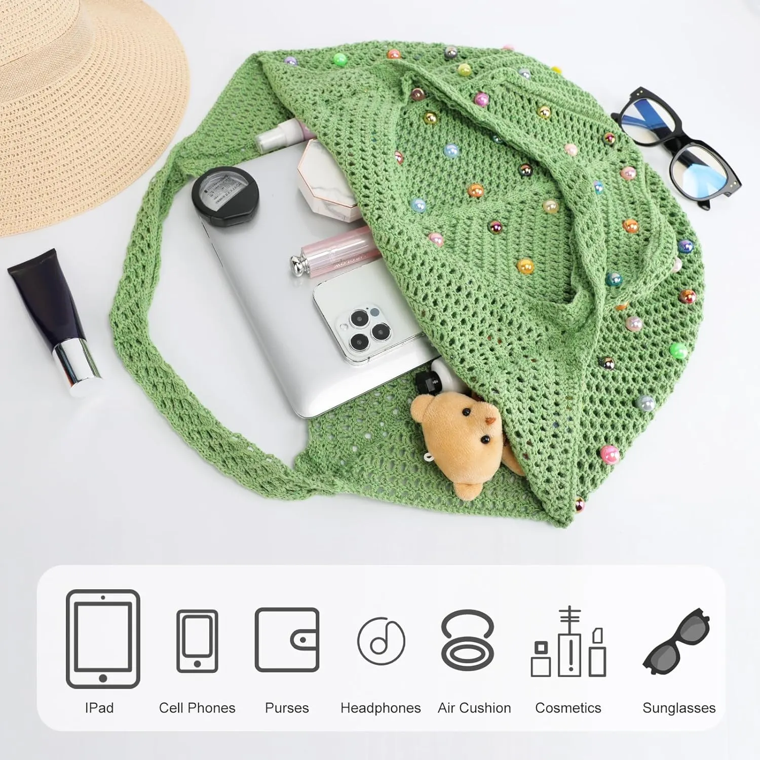 Crochet Tote Bag for Women Mesh Summer Beach Bag Large Knitted Bag Woven Shoulder Handbag Vacation Aesthetic Hobo Bag Travel