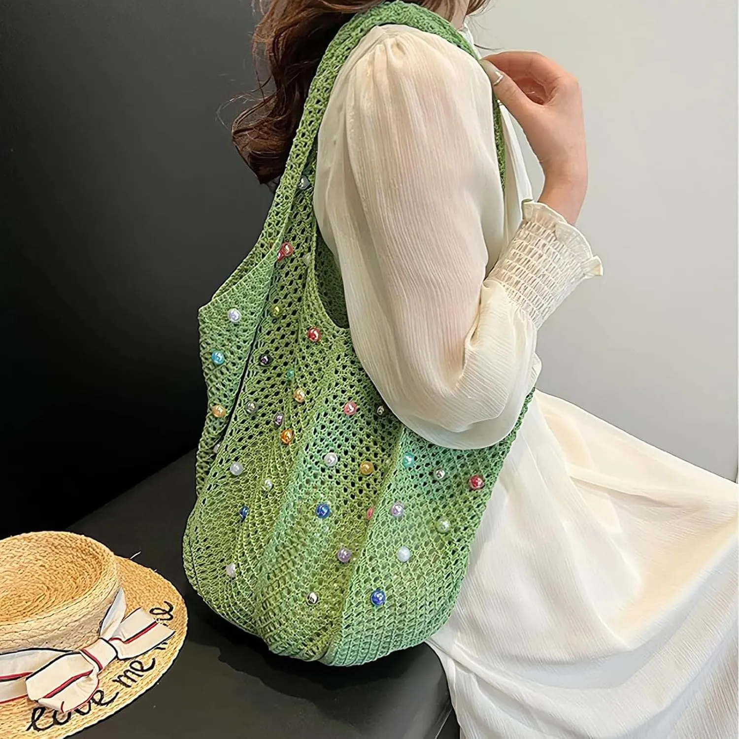 Crochet Tote Bag for Women Mesh Summer Beach Bag Large Knitted Bag Woven Shoulder Handbag Vacation Aesthetic Hobo Bag Travel