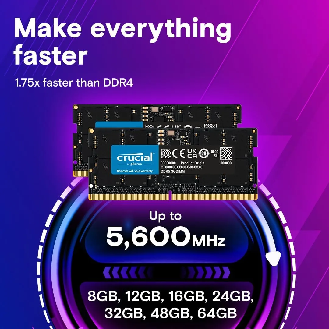 Crucial 64GB DDR5 RAM, 5600MHz (or 5200MHz or 4800MHz) Laptop Memory Kit, SODIMM 262-Pin, Compatible with 13th Gen Intel Core and AMD Ryzen 6000 - CT2K32G56C46S5
