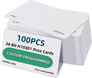 Custom Programmed 100 pcs 26 Bit Proximity CR80 Cards Weigand Prox Blank Printable Swipe Cards Compatable with ISOProx 1386 1326 H10301 Format Readers.