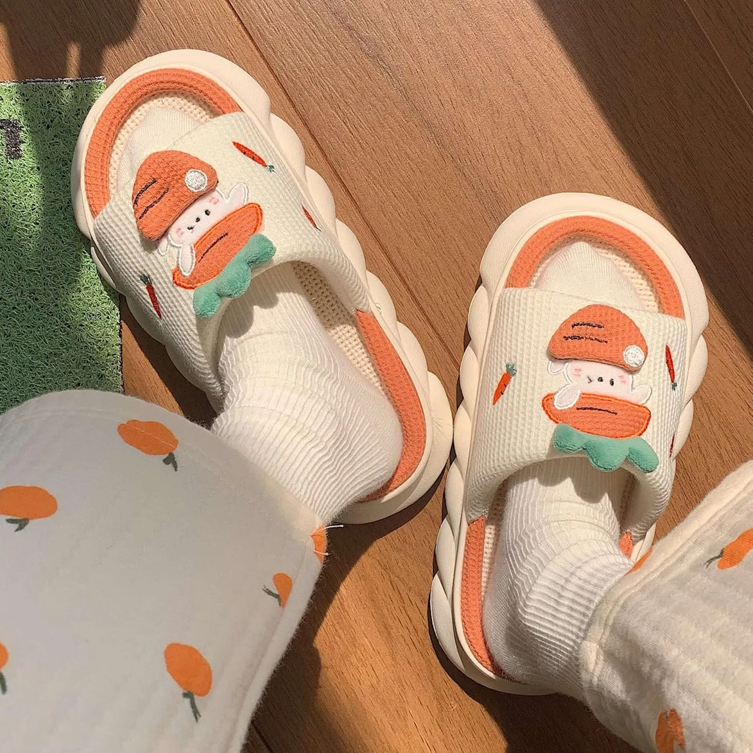 Cute Cartoon Animal Slides Cotton Animal Frog/Rabbit Carrot Slippers, Soft Comfortable Thick Sole House Linen Slippers (Orange,36-37)