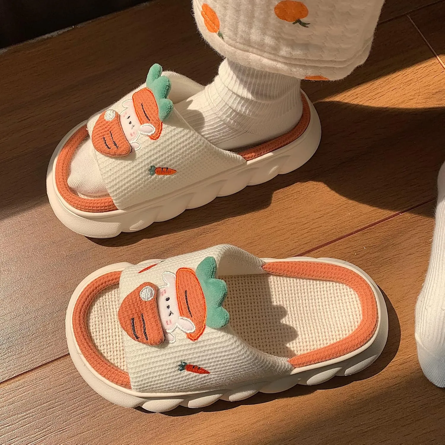 Cute Cartoon Animal Slides Cotton Animal Frog/Rabbit Carrot Slippers, Soft Comfortable Thick Sole House Linen Slippers (Orange,36-37)