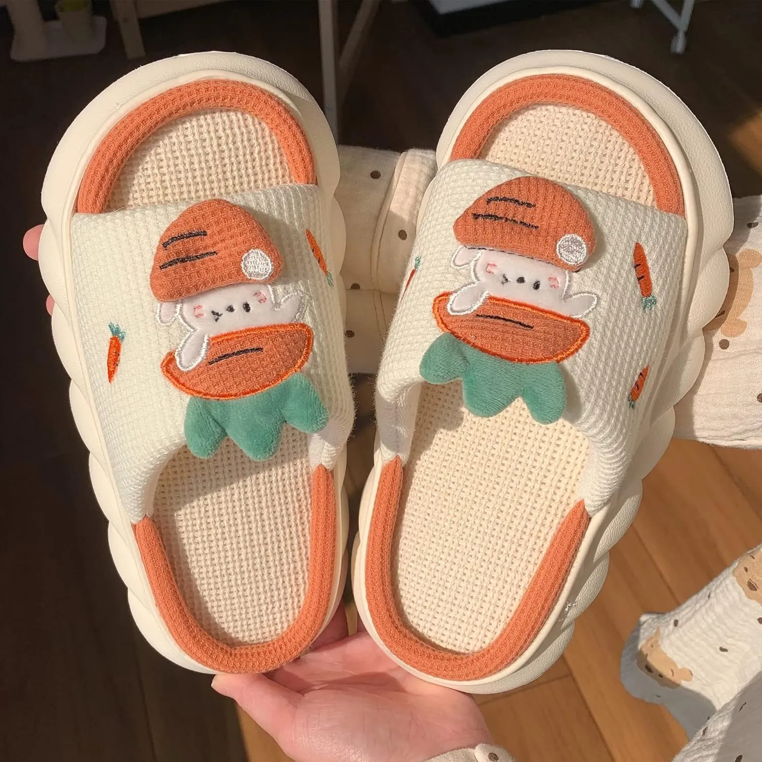 Cute Cartoon Animal Slides Cotton Animal Frog/Rabbit Carrot Slippers, Soft Comfortable Thick Sole House Linen Slippers (Orange,36-37)