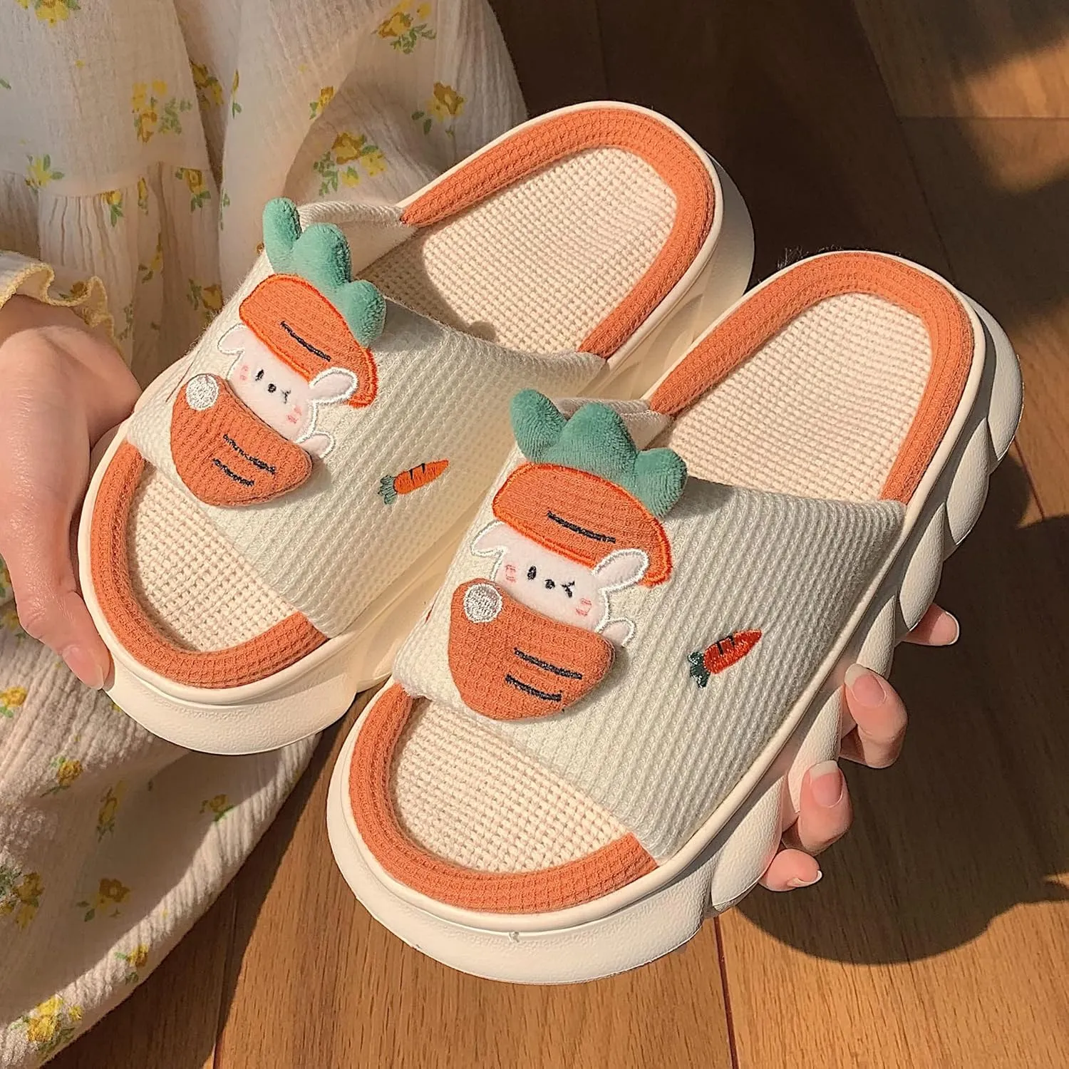 Cute Cartoon Animal Slides Cotton Animal Frog/Rabbit Carrot Slippers, Soft Comfortable Thick Sole House Linen Slippers (Orange,36-37)