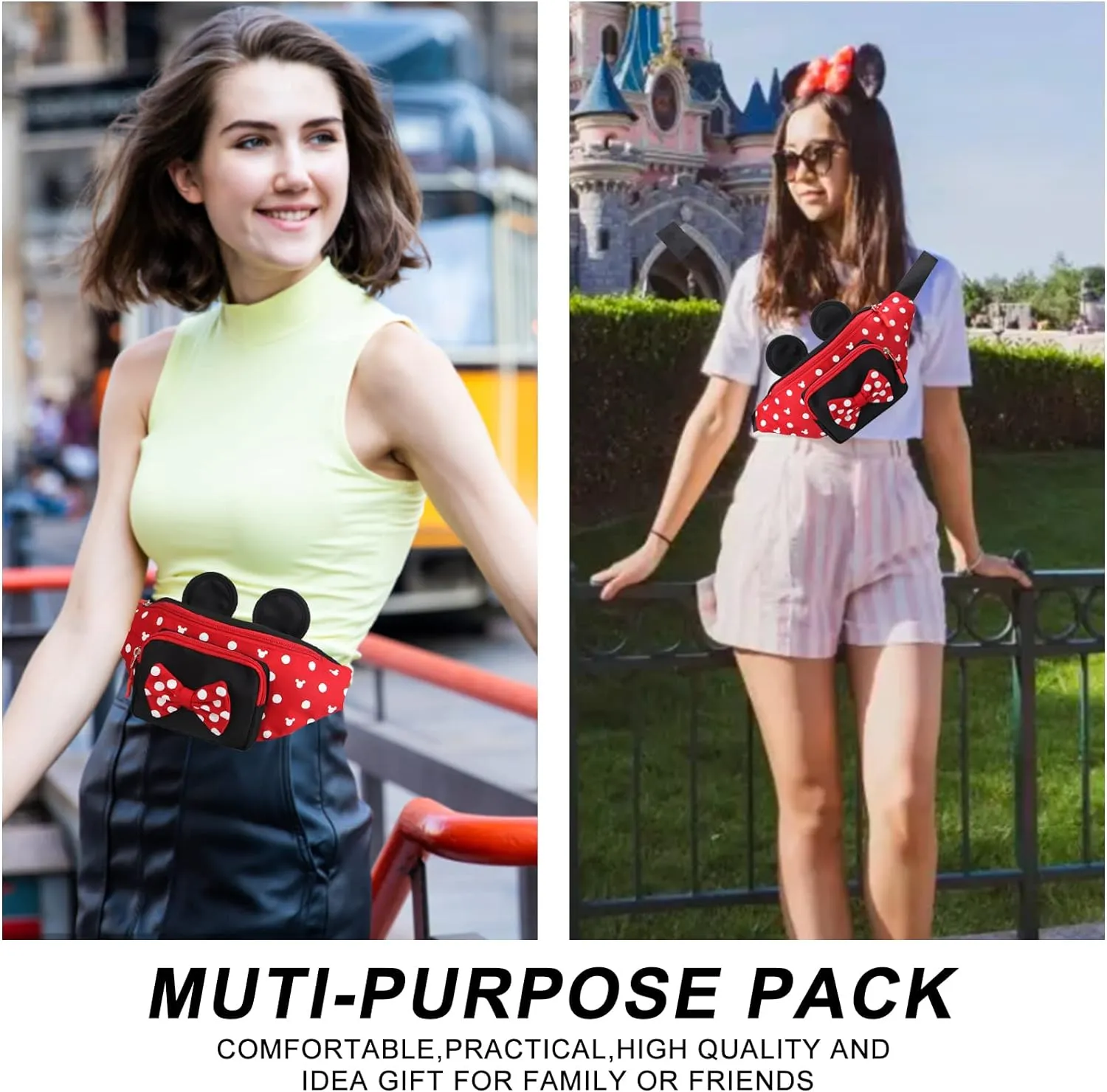 Cute Fanny Pack for Travel Best Fanny Pack Women Waist Pack Teen Girls Mini Mouse Belt Bag Cartoon Fanny Pack Hiking Bum Bags Outdoor Waist Bag with Mouse Ears Red