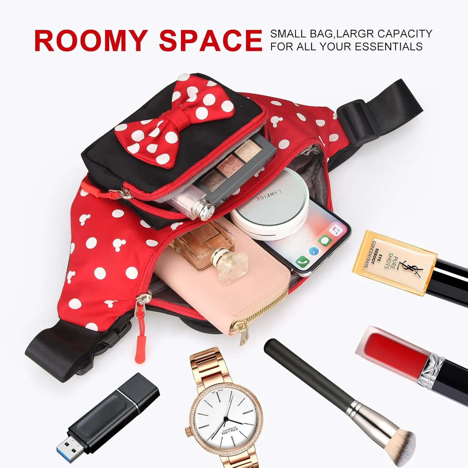 Cute Fanny Pack for Travel Best Fanny Pack Women Waist Pack Teen Girls Mini Mouse Belt Bag Cartoon Fanny Pack Hiking Bum Bags Outdoor Waist Bag with Mouse Ears Red