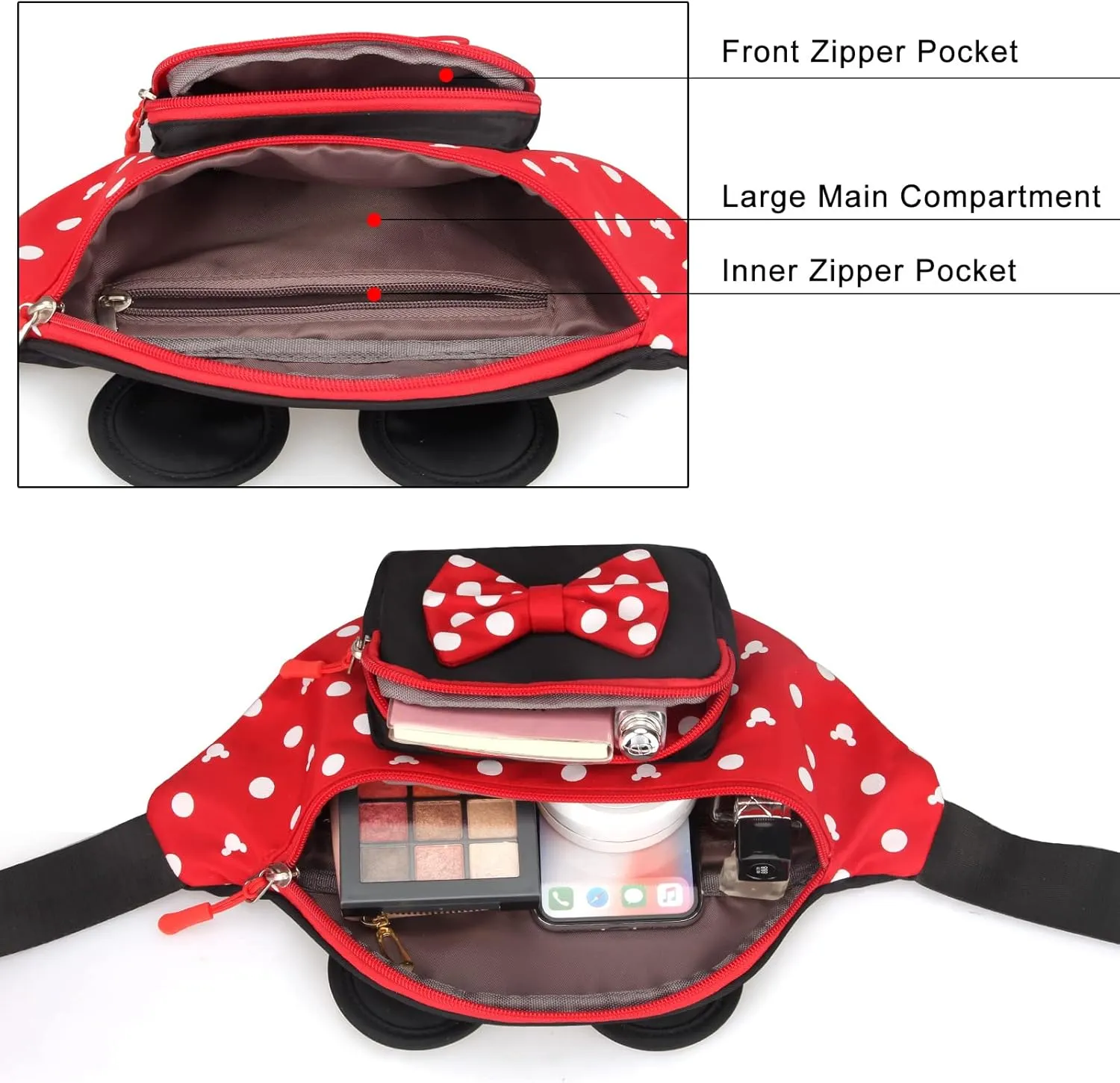 Cute Fanny Pack for Travel Best Fanny Pack Women Waist Pack Teen Girls Mini Mouse Belt Bag Cartoon Fanny Pack Hiking Bum Bags Outdoor Waist Bag with Mouse Ears Red