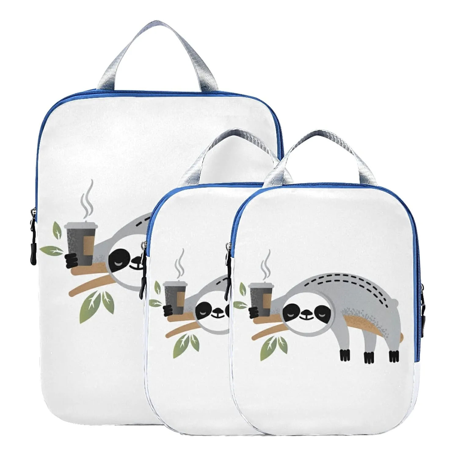 Cute Grey Sloths on Tree Branches with Green Leaves on White 3 Piece set Cubes Expandable Adjustable Luggage Packing Bags, Ultralight Organizer Accessories Travel Suitcase Compressible Bags