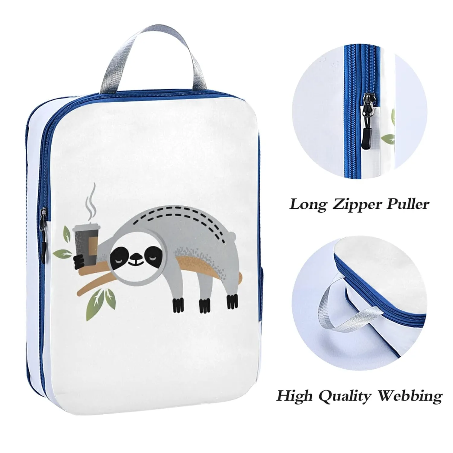 Cute Grey Sloths on Tree Branches with Green Leaves on White 3 Piece set Cubes Expandable Adjustable Luggage Packing Bags, Ultralight Organizer Accessories Travel Suitcase Compressible Bags